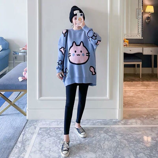 Pull Grossesse Épais / Plus Size avec Motif Cartoon – Coupe Lâche