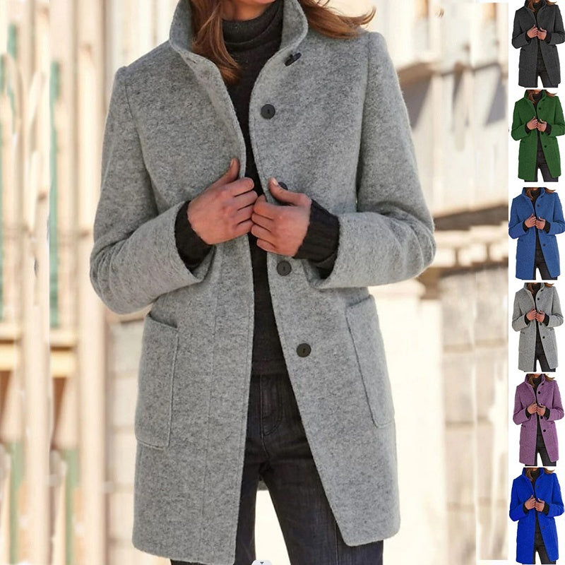 Stand Collar Woolen Coat With Pockets Fall Casual Button Outwear