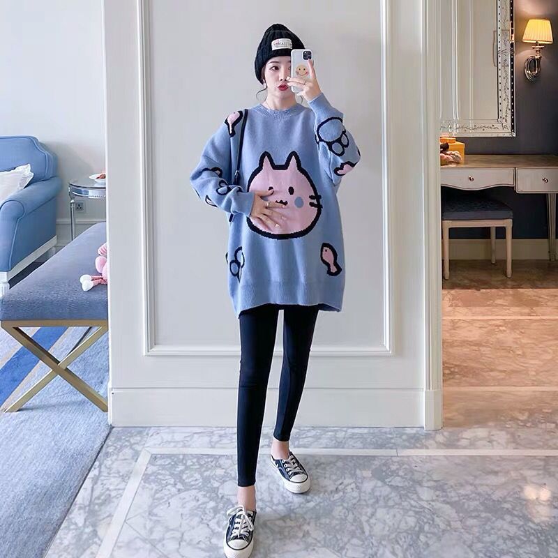 Pull Grossesse Épais / Plus Size avec Motif Cartoon – Coupe Lâche