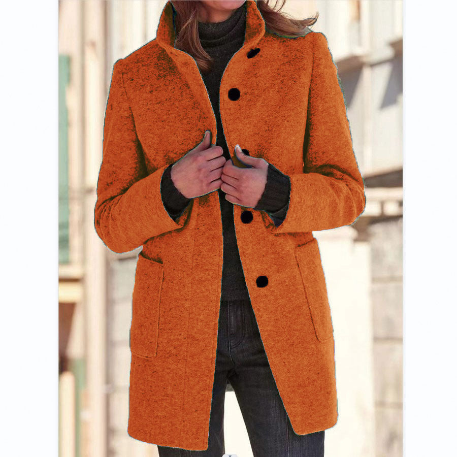 Stand Collar Woolen Coat With Pockets Fall Casual Button Outwear