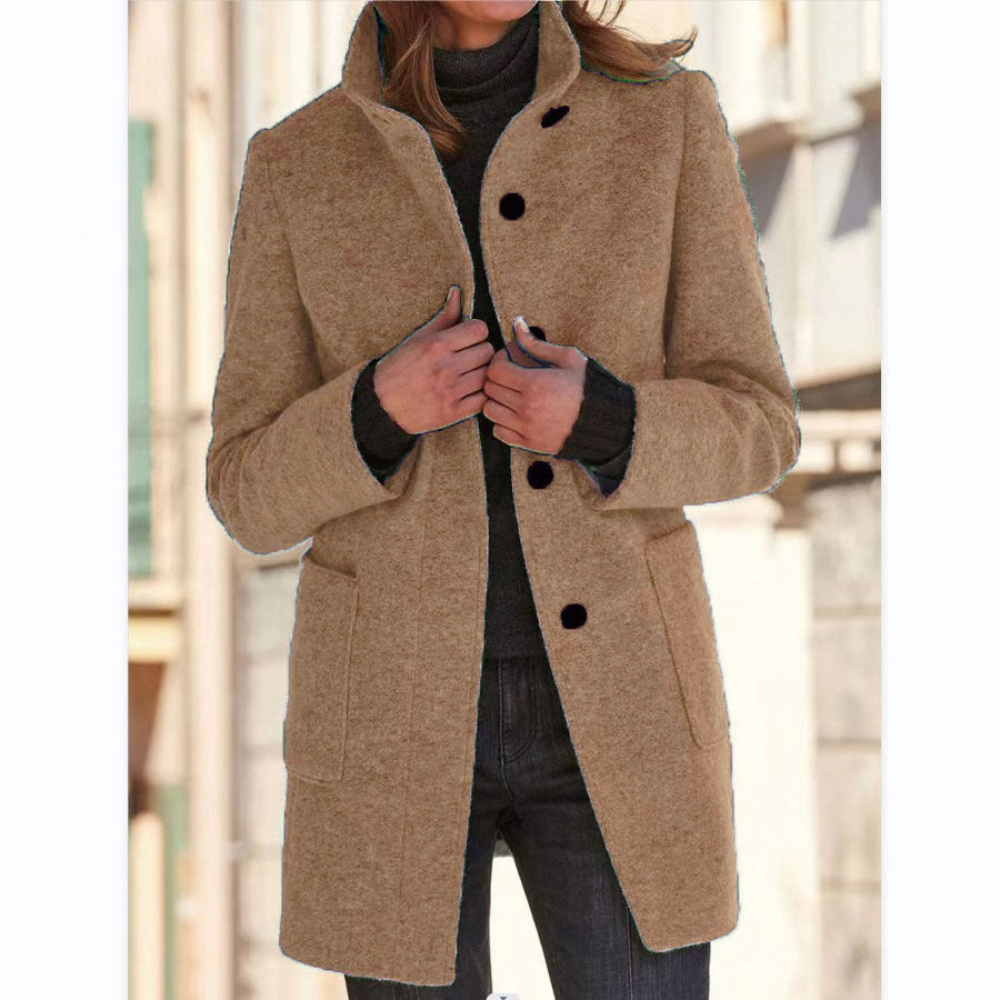 Stand Collar Woolen Coat With Pockets Fall Casual Button Outwear