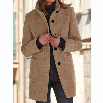 Stand Collar Woolen Coat With Pockets Fall Casual Button Outwear