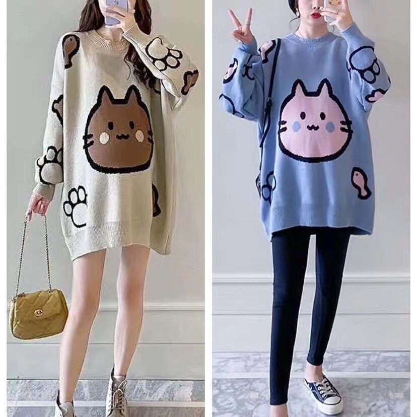 Pull Grossesse Épais / Plus Size avec Motif Cartoon – Coupe Lâche