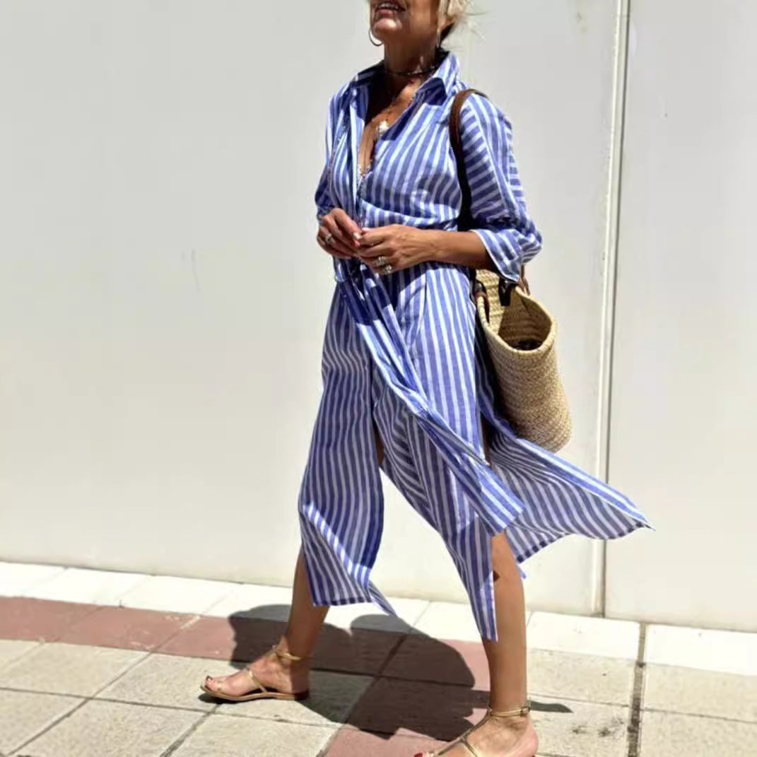 Robe Chemise Rayée avec Ceinture