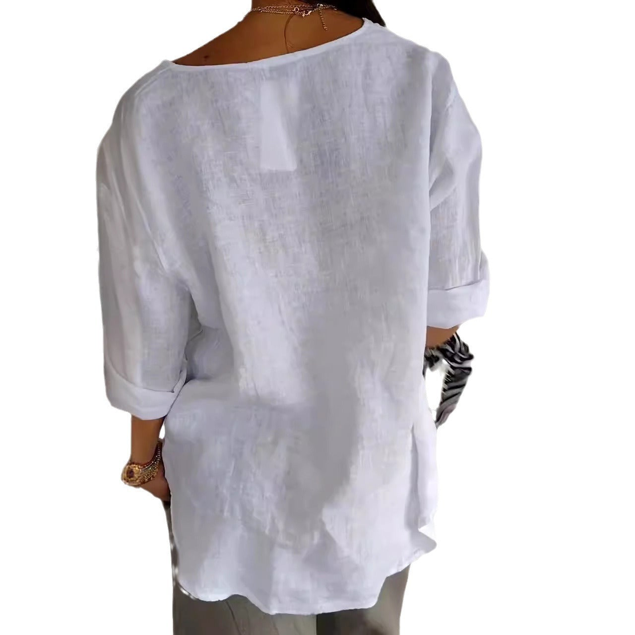 V-neck Long-sleeved T-shirt Fashion Loose Cotton And Linen Button Tops For Women