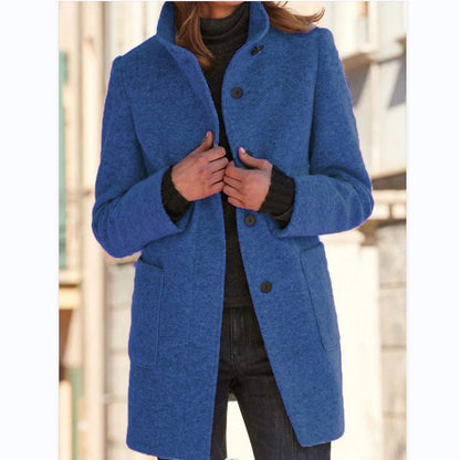 Stand Collar Woolen Coat With Pockets Fall Casual Button Outwear
